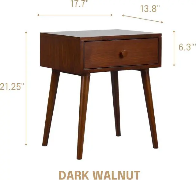 Alt view image 3 of 7 - NTC Lux Solid Wood Nightstand with Drawer, Mid Century Modern Side Table Bedroom, Bedside Furniture, Night Stand, End Table, Easy Assembly - Dark Walnut