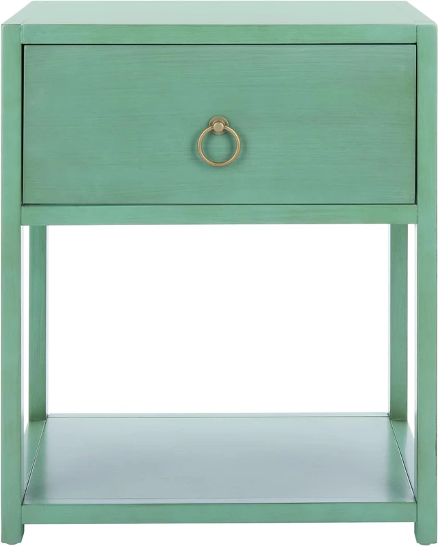Main image of SAFAVIEH Furniture - Sadie 1-Drawer Nightstand - Turquoise - Wood - Glam Gold Hardware Design - Ideal for Bedroom, 21"W x 17.2"D x 26"H - Fully Assembled (NST9201C)