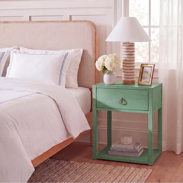 Alt view image 2 of 6 - SAFAVIEH Furniture - Sadie 1-Drawer Nightstand - Turquoise - Wood - Glam Gold Hardware Design - Ideal for Bedroom, 21"W x 17.2"D x 26"H - Fully Assembled (NST9201C)