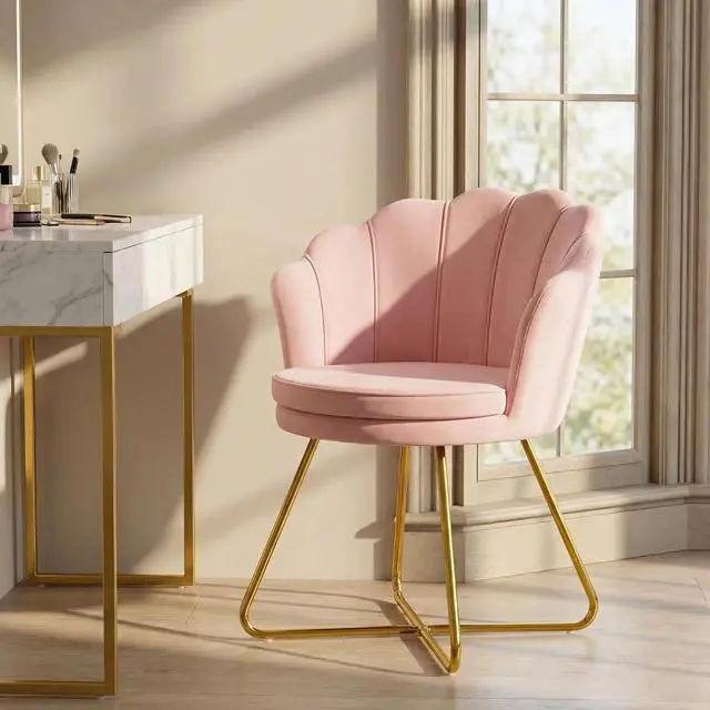 Alt view image 2 of 7 - Furnimart Pink Vanity Chair with Back, Velvet Shell Accent Chairs for Living Room Bedroom, Criss Cross Chair with Gold Legs no Wheels, Seat for Make up