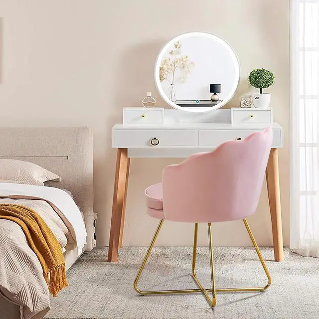 Alt view image 4 of 7 - Furnimart Pink Vanity Chair with Back, Velvet Shell Accent Chairs for Living Room Bedroom, Criss Cross Chair with Gold Legs no Wheels, Seat for Make up