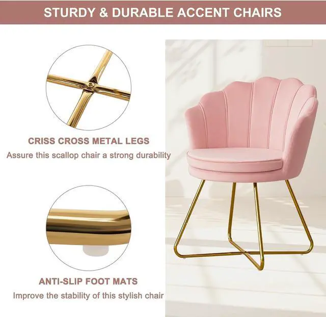Alt view image 7 of 7 - Furnimart Pink Vanity Chair with Back, Velvet Shell Accent Chairs for Living Room Bedroom, Criss Cross Chair with Gold Legs no Wheels, Seat for Make up