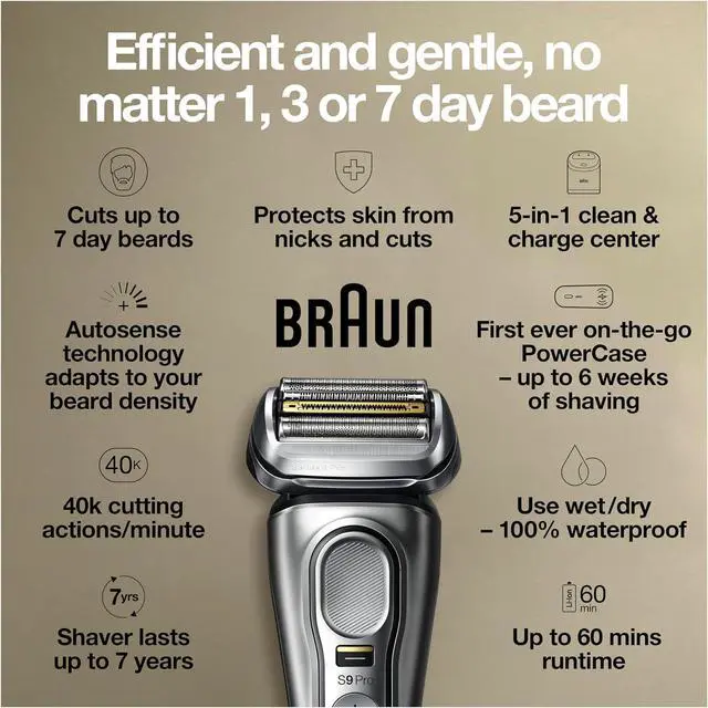 Alt view image 3 of 7 - Braun Electric Razor for Men, Waterproof Foil Shaver, Series 9 Pro 9477cc, Wet & Dry Shave, with Portable Charging Case, ProLift Beard Trimmer, 5-in-1 Cleaning & Charging SmartCare Center, Silver