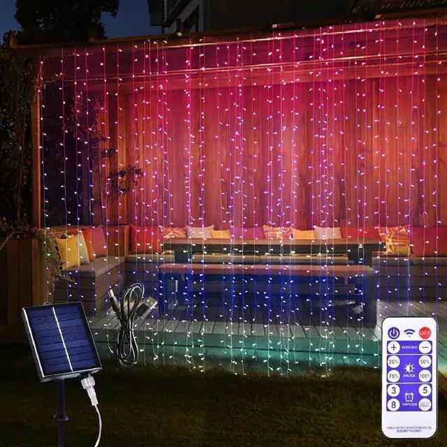 Main image of 300 LED Solar Curtain Lights USB & Solar Dual Powered 8 Modes Waterproof Fairy Window Lights Twinkle for Home Indoor Outdoor Use Patio Christmas Decoration (Multi-Colored)