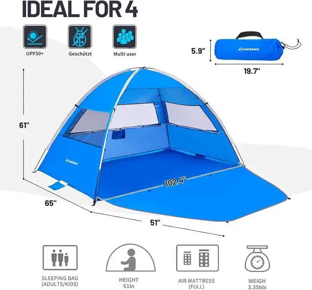 Alt view image 2 of 6 - EchoSmile UPF 50+ Beach Tent Sun Shelter for 3/4 Person, Portable Beach Cabana Tent