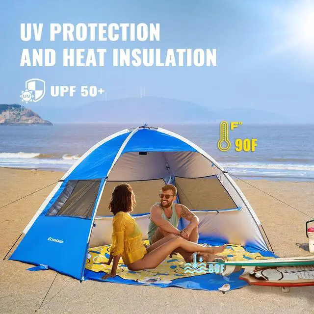 Alt view image 3 of 6 - EchoSmile UPF 50+ Beach Tent Sun Shelter for 3/4 Person, Portable Beach Cabana Tent