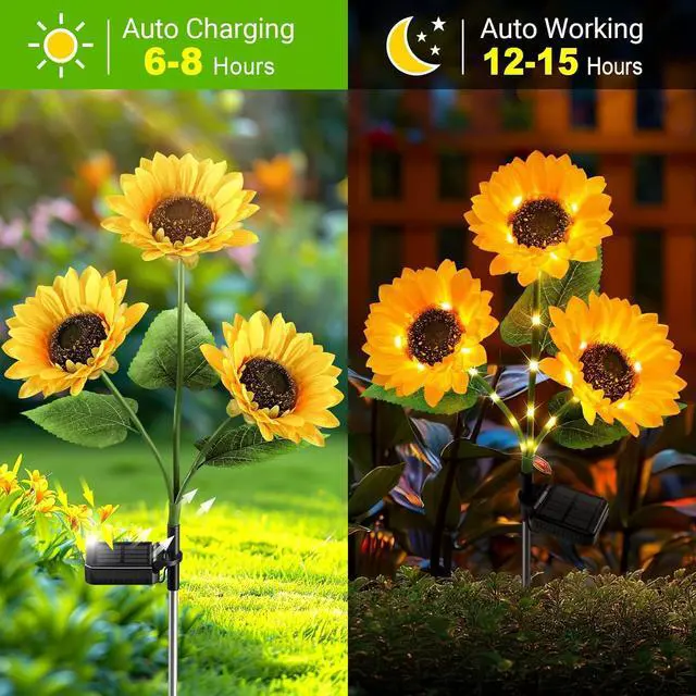 Alt view image 5 of 7 - KOOPER Solar Lights Outdoor Garden Decor - Upgraded 3 Pack Solar Garden Lights with 9 Bigger Sunflower Lights, Solar Flowers Outdoor Waterproof for Flower Bed Yard Decor, Gift for Women Mom Grandma