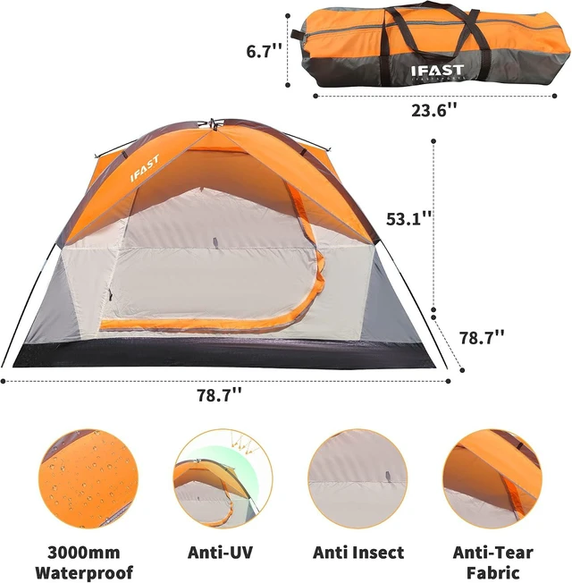 Alt view image 2 of 6 - IFAST 2/6 Family Camping Tents, Outdoor Double Layers Waterproof Windproof with Top Roof Rainproof and Large Mesh Windows Portable Easy Set Up Camping Gear with Carry Bag for All Seasons