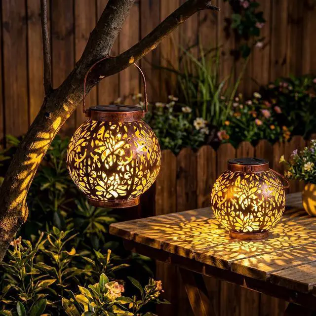 Main image of JOIEDOMI 2 Pack Outdoor Solar Hanging Lantern Lights, Waterproof Tabletop with Handle, LED Moroccan Lanterns, Metal Decorative Garden Solar Lights Spring for Patio, Lawn, Porch, Backyard