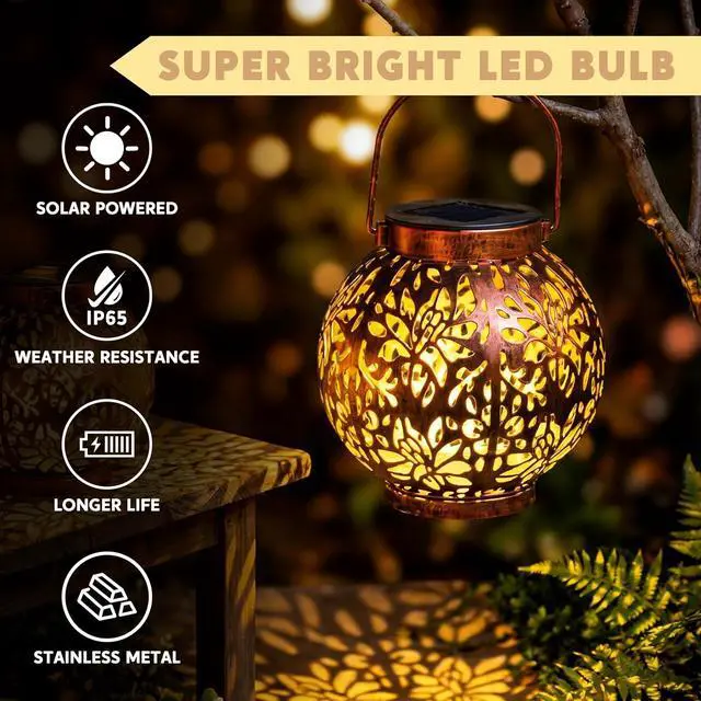 Alt view image 2 of 7 - JOIEDOMI 2 Pack Outdoor Solar Hanging Lantern Lights, Waterproof Tabletop with Handle, LED Moroccan Lanterns, Metal Decorative Garden Solar Lights Spring for Patio, Lawn, Porch, Backyard