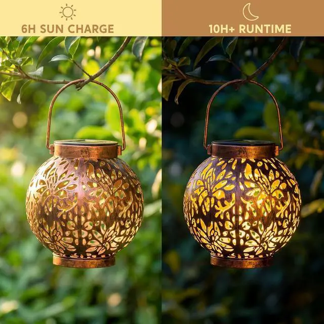 Alt view image 3 of 7 - JOIEDOMI 2 Pack Outdoor Solar Hanging Lantern Lights, Waterproof Tabletop with Handle, LED Moroccan Lanterns, Metal Decorative Garden Solar Lights Spring for Patio, Lawn, Porch, Backyard