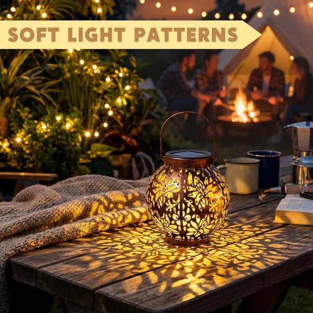 Alt view image 5 of 7 - JOIEDOMI 2 Pack Outdoor Solar Hanging Lantern Lights, Waterproof Tabletop with Handle, LED Moroccan Lanterns, Metal Decorative Garden Solar Lights Spring for Patio, Lawn, Porch, Backyard
