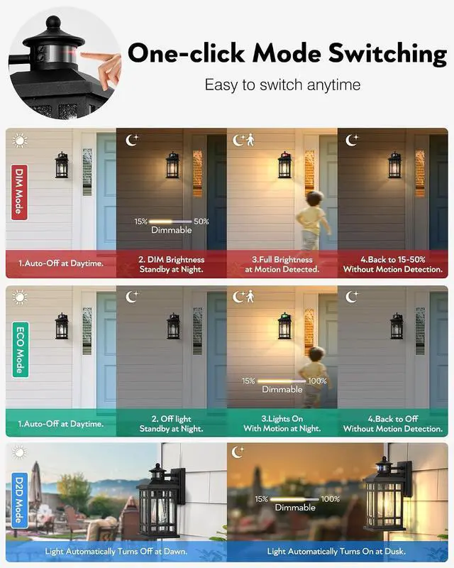 Alt view image 2 of 7 - Motion Sensor Outdoor Wall Light, Adjustable Sensing Range Outside Lights for House, Black Dawn to Dusk Sconce Lights for Patio, Anti-Rust Waterproof Porch Lantern Wall Mount with Bubble Glass