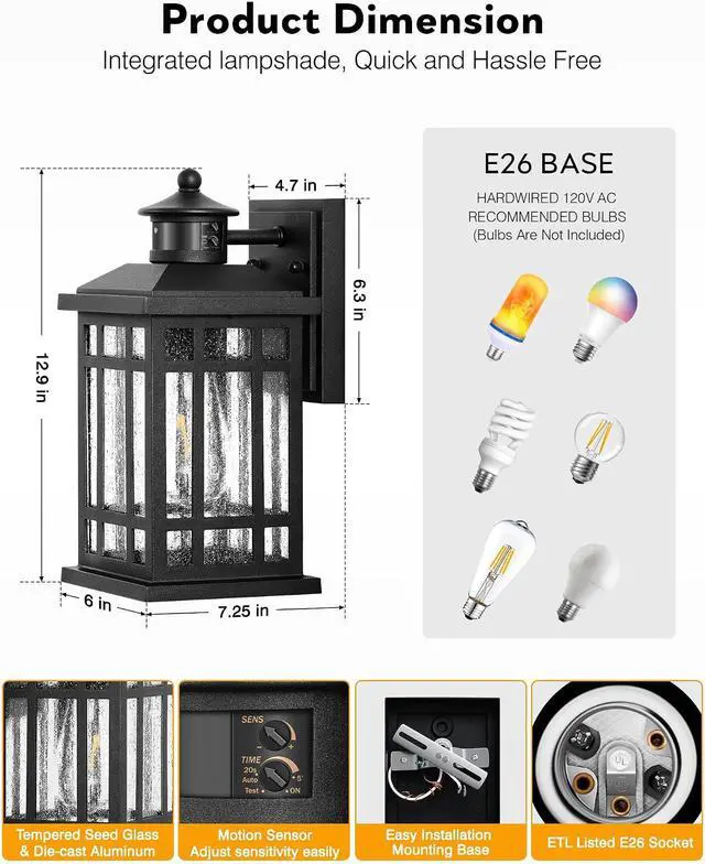 Alt view image 6 of 7 - Motion Sensor Outdoor Wall Light, Adjustable Sensing Range Outside Lights for House, Black Dawn to Dusk Sconce Lights for Patio, Anti-Rust Waterproof Porch Lantern Wall Mount with Bubble Glass