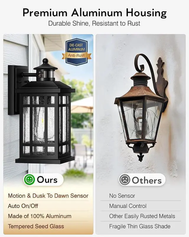 Alt view image 7 of 7 - Motion Sensor Outdoor Wall Light, Adjustable Sensing Range Outside Lights for House, Black Dawn to Dusk Sconce Lights for Patio, Anti-Rust Waterproof Porch Lantern Wall Mount with Bubble Glass