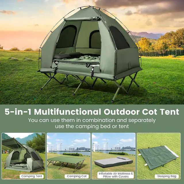 Alt view image 2 of 7 - Goplus Camping Tent Cot, 5-in-1 Folding Camping Bed with Air Mattress, Pillow, Sleeping Bag, Waterproof Elevated Tent Shelter, Portable Outdoor Sleeping Cot with Carry Bag for Picnic, Trip