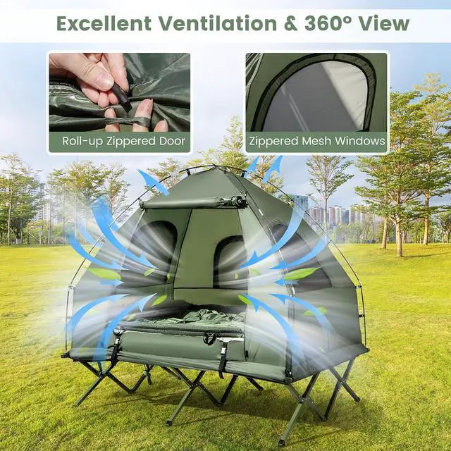 Alt view image 4 of 7 - Goplus Camping Tent Cot, 5-in-1 Folding Camping Bed with Air Mattress, Pillow, Sleeping Bag, Waterproof Elevated Tent Shelter, Portable Outdoor Sleeping Cot with Carry Bag for Picnic, Trip