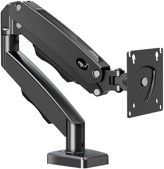 Main image of ELG Gas Spring Monitor Arm, Full Motion, 20.9" Reach, 17-35" Screens 19.8 lbs, +85/-30 Tilt, 360 Rotation, C-Clamp & Grommet, VESA 75x75 to 100x100mm, Cable Organizer, Black