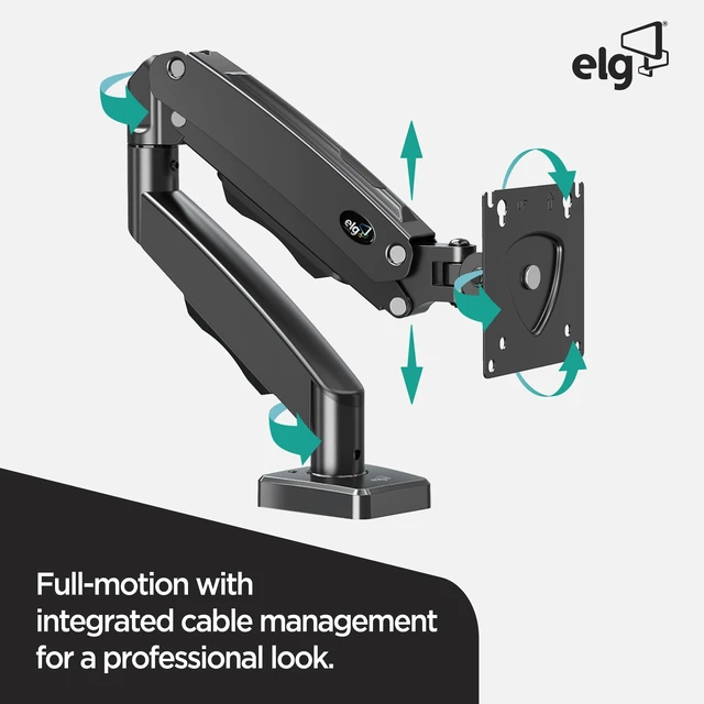 Alt view image 5 of 5 - ELG Gas Spring Monitor Arm, Full Motion, 20.9" Reach, 17-35" Screens 19.8 lbs, +85/-30 Tilt, 360 Rotation, C-Clamp & Grommet, VESA 75x75 to 100x100mm, Cable Organizer, Black
