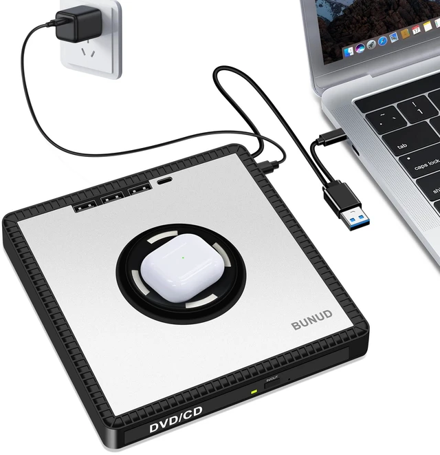 Main image of BUNUD External CD/DVD Drive for PC: USB 3.0 Portable CD DVD +/-RW Burner for Mac Apple Windows with SD/TF/3 USB Ports - DVD Player for Laptop with 15W Fast Charger