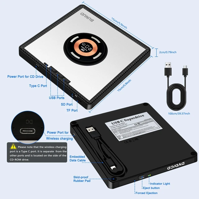 Alt view image 3 of 5 - BUNUD External CD/DVD Drive for PC: USB 3.0 Portable CD DVD +/-RW Burner for Mac Apple Windows with SD/TF/3 USB Ports - DVD Player for Laptop with 15W Fast Charger