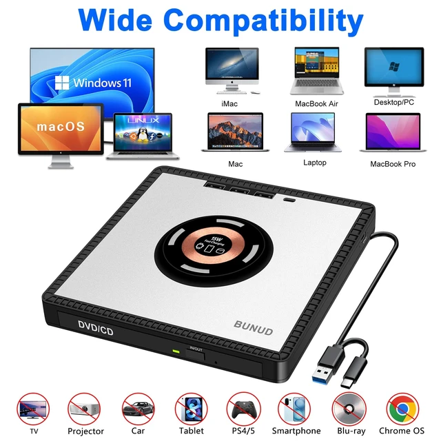 Alt view image 5 of 5 - BUNUD External CD/DVD Drive for PC: USB 3.0 Portable CD DVD +/-RW Burner for Mac Apple Windows with SD/TF/3 USB Ports - DVD Player for Laptop with 15W Fast Charger