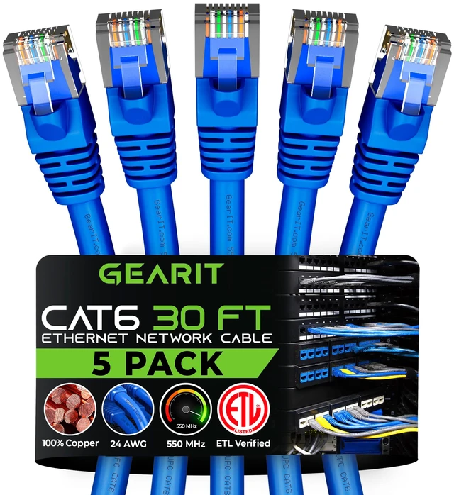 Main image of GEARit Cat6 Patch Cables Cat 6 Ethernet Cable 30 ft 5-Pack Blue