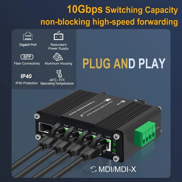 Alt view image 5 of 5 - Throncom Industrial Gigabit 4 Ports PoE Ethernet Switch PoE+ Fiber Switch with 100/1000M Adaptive SFP Slot Din Rail Unmanaged 10/100/1000Mbps Network Switch IEEE802.3af/at 30W/Port Max 120W 12-48V DC