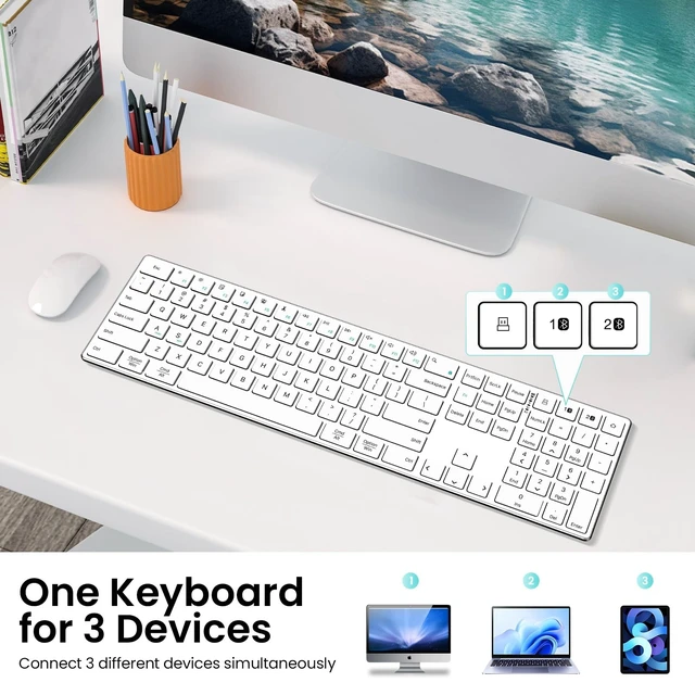 Alt view image 2 of 5 - TIETI 2.4G Wireless Bluetooth Keyboard Rechargeable, Stainless Steel Ultra Slim Full Size Keyboard with Numeric Keypad Low Profile Silent Cordless Keyboards for Computer/Mac/Windows