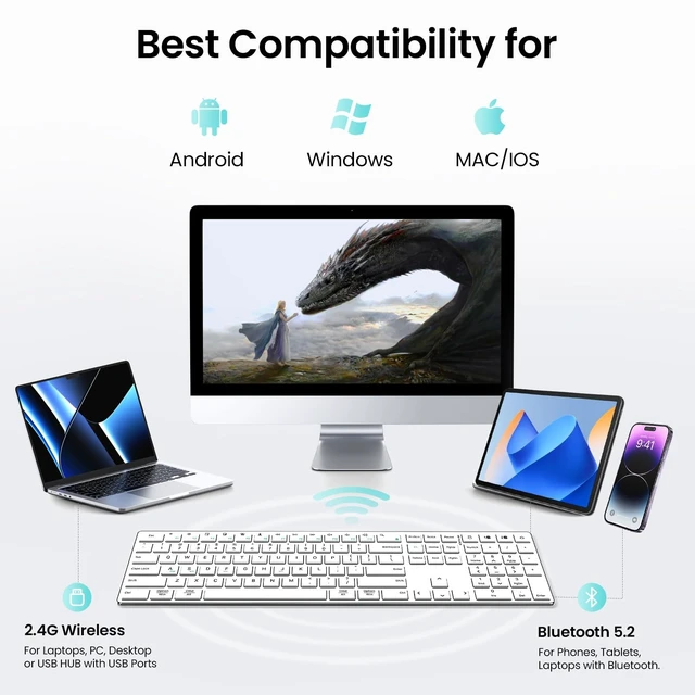Alt view image 3 of 5 - TIETI 2.4G Wireless Bluetooth Keyboard Rechargeable, Stainless Steel Ultra Slim Full Size Keyboard with Numeric Keypad Low Profile Silent Cordless Keyboards for Computer/Mac/Windows