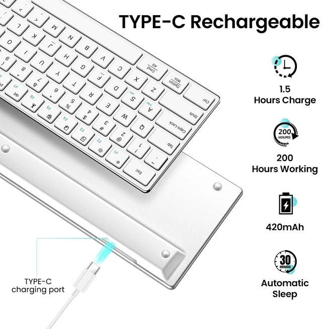 Alt view image 5 of 5 - TIETI 2.4G Wireless Bluetooth Keyboard Rechargeable, Stainless Steel Ultra Slim Full Size Keyboard with Numeric Keypad Low Profile Silent Cordless Keyboards for Computer/Mac/Windows