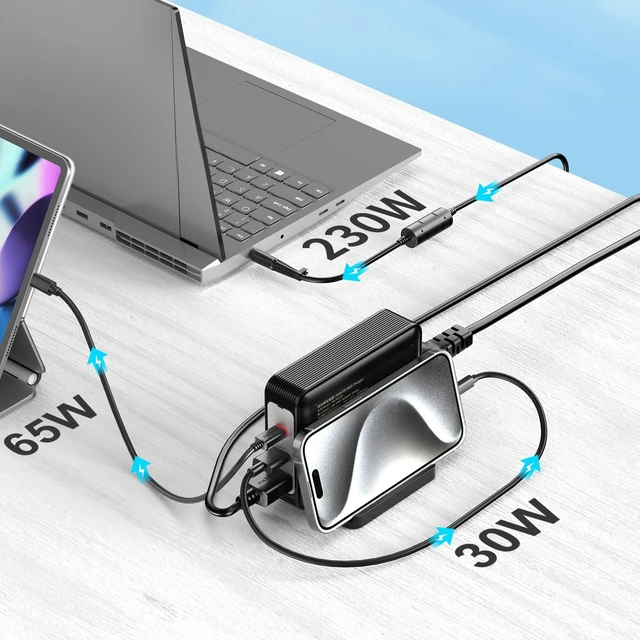 Alt view image 5 of 5 - KingMa GaN Laptop Charger, 3-Port Portable Charger Fast USB Charging Station for Multiple Devices for Gaming and Engineering Laptops for HP EliteBook 8740W/8560W