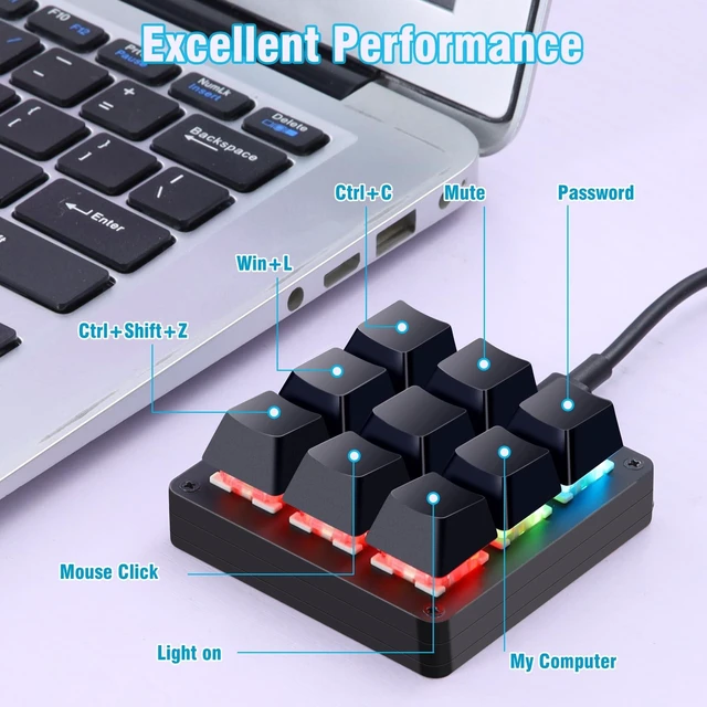 Alt view image 3 of 5 - Koolertron 9-Key One-Handed Macro Mechanical Keyboard, Pink LED
