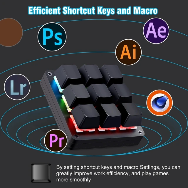 Alt view image 4 of 5 - Koolertron 9-Key One-Handed Macro Mechanical Keyboard, Pink LED