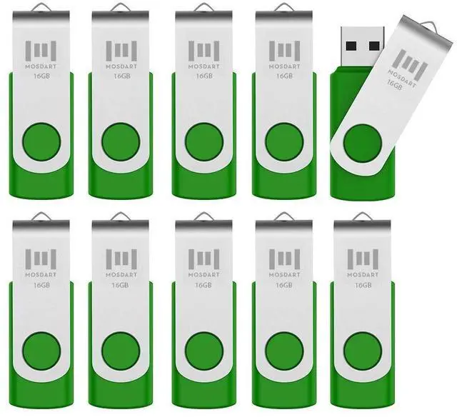 Main image of MOSDART USB2.0 16GB Flash Drive, Swivel Design with LED Indicator, Keychain Loop, FAT32 Memory Stick for Data Storage, Green(Pack of 10)