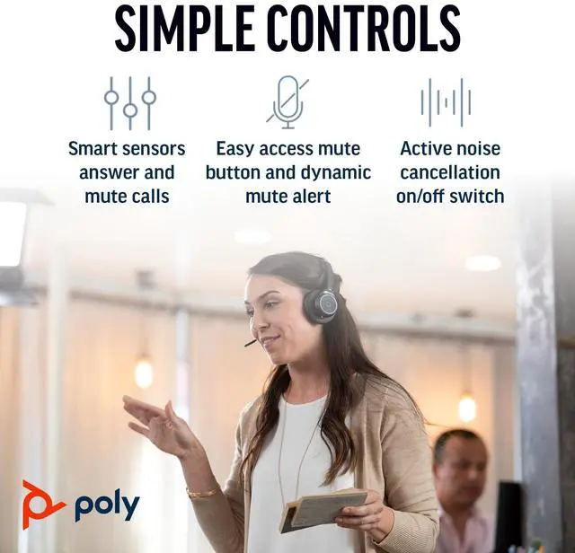 Alt view image 5 of 5 - Poly Voyager Focus UC Wireless Headset for Computer & Charge Stand (Plantronics) - Active Noise Canceling (ANC) - Connect PC/Mac/Mobile via Bluetooth - Works w/Teams (Certified), Zoom- Exclusiv