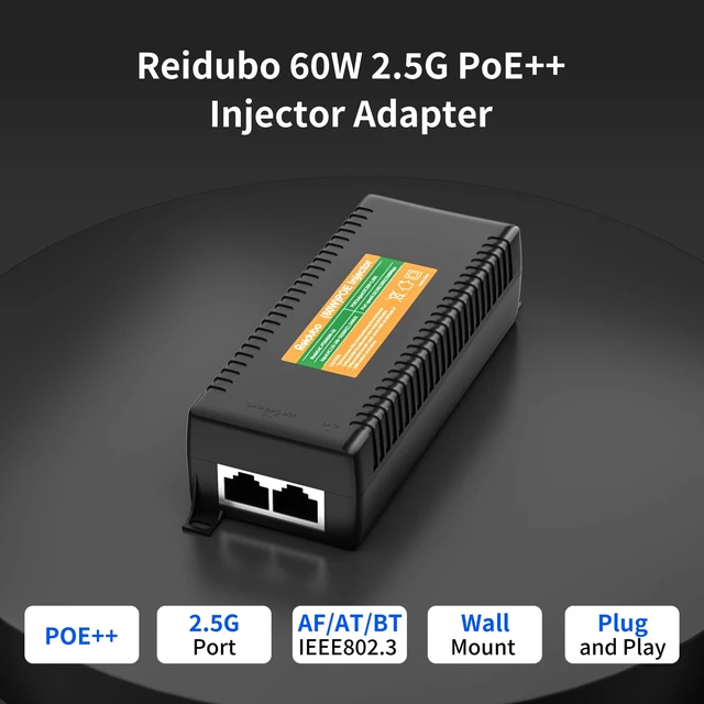 Alt view image 2 of 5 - 2.5Gb PoE Injector Adapter 60W, IEEE 802.3bt/at/af Compliant, Converts Non-PoE to PoE Network, 100/1000/2500Mbps RJ45, Up to 328 ft, Plug & Play
