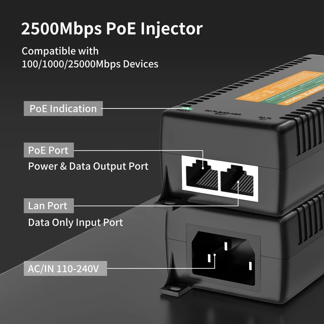 Alt view image 3 of 5 - 2.5Gb PoE Injector Adapter 60W, IEEE 802.3bt/at/af Compliant, Converts Non-PoE to PoE Network, 100/1000/2500Mbps RJ45, Up to 328 ft, Plug & Play