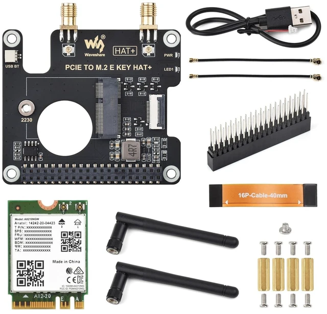 Main image of Waveshare PCIe to M.2 E Key HAT, Compatible with Raspberry Pi 5, Support Various NGFF (M.2 E Key) Wireless NIC, Supports USB Bluetooth Connection and HAT+ Standard, Includes Wireless-AX2