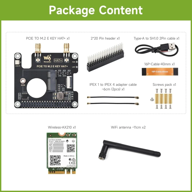 Alt view image 2 of 5 - Waveshare PCIe to M.2 E Key HAT, Compatible with Raspberry Pi 5, Support Various NGFF (M.2 E Key) Wireless NIC, Supports USB Bluetooth Connection and HAT+ Standard, Includes Wireless-AX2
