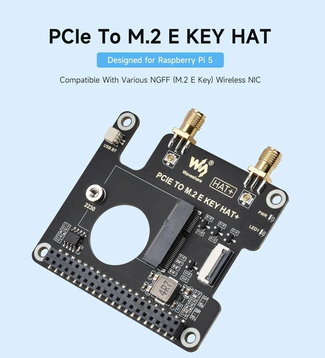 Alt view image 3 of 5 - Waveshare PCIe to M.2 E Key HAT, Compatible with Raspberry Pi 5, Support Various NGFF (M.2 E Key) Wireless NIC, Supports USB Bluetooth Connection and HAT+ Standard, Includes Wireless-AX2