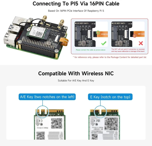 Alt view image 4 of 5 - Waveshare PCIe to M.2 E Key HAT, Compatible with Raspberry Pi 5, Support Various NGFF (M.2 E Key) Wireless NIC, Supports USB Bluetooth Connection and HAT+ Standard, Includes Wireless-AX2