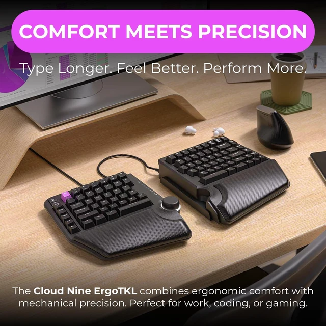 Alt view image 2 of 5 - Cloud Nine ErgoTKL Ergonomic Tenkeyless Mechanical Keyboard for PC Kailh Red TKL RGB Backlit Ergo Split Key Board