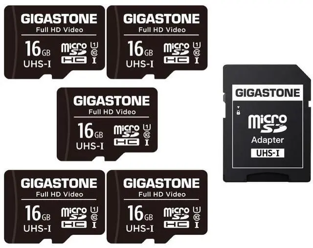 Main image of GIGASTONE 16GB 5-Pack Micro SD Card, FHD Video, Surveillance Security Cam Action Camera Drone, 85MB/s Micro SDHC UHS-I U1 Class 10, with Adapters