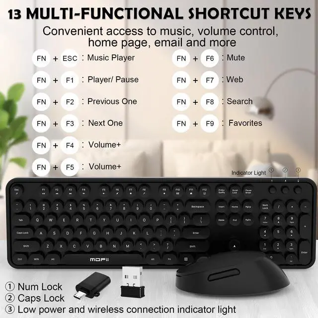 Alt view image 3 of 5 - Wireless Keyboard and Mouse Combo, MOFII 104 Keys Full-Size Retro Round Keys Typewriter Keyboards Ergonomic Keyboards and Mouse Wireless for Windows, PC, Laptop, Desktop Black
