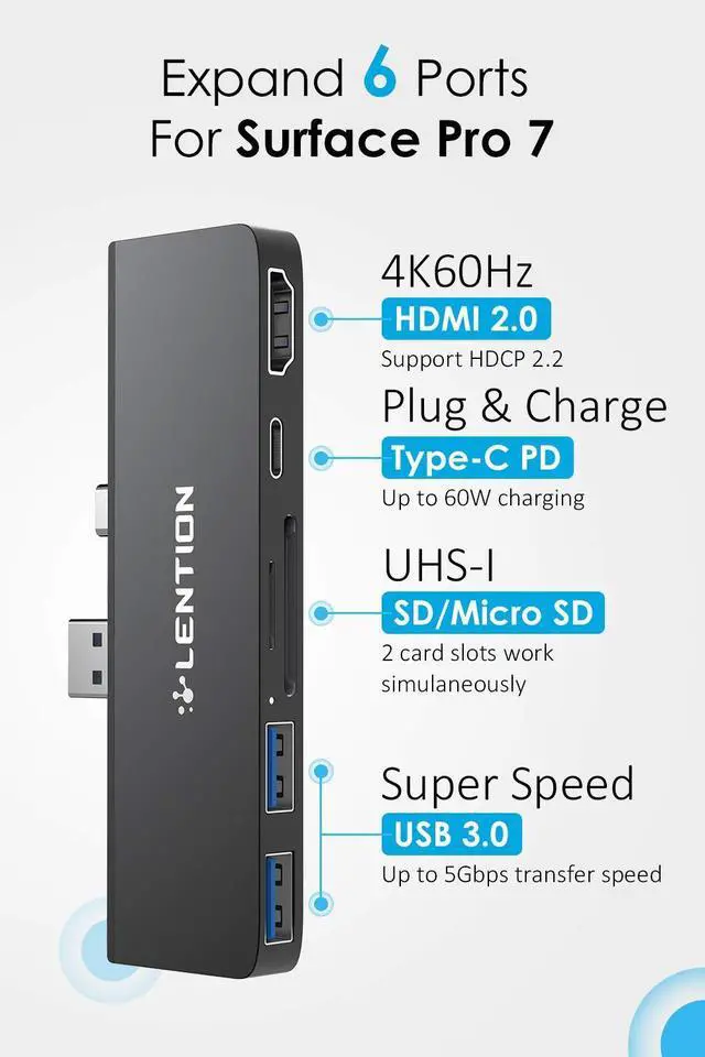 Alt view image 2 of 5 - LENTION Surface Pro 7 USB C Hub,6-in-1 Surface Pro 7 USB C Dock with 4K@60Hz HDMI Display, SD and Micro SD Dual Card Reader, 2 USB 3.0 Port, PD 60W Type C Charging Port (CS34,Black)