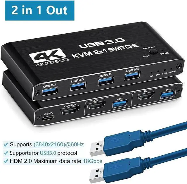Alt view image 7 of 7 - 2 Port HDMI KVM Switch 2 in 1 Out, 4K @60Hz HDMI2.0 KVM Switch, HDMI USB 3.0 KVM Switch with 4 USB 3.0 Ports for 2 Computers Share One Monitor, Supporting Wireless Keyboard and Mouse,Plug and Play