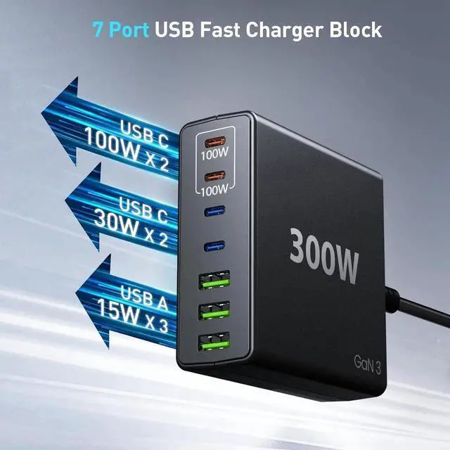 Alt view image 4 of 5 - USB C Charger 300W USB C Charger Block GaN IV 8-Port Fast Charging Station Hub Upgraded PD 100W USB C Laptop Desktop Charger Adapter for MacBook Pro/Air Steam Desk iPhone 16/15 Galaxy S25