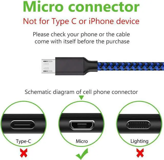 Alt view image 2 of 7 - Micro USB Cable 3Pack 6FT Android Charger Cord Long Braided Sync Fast Charging Cables Compatible with Galaxy S6 S7 Edge Android Phone -Blue