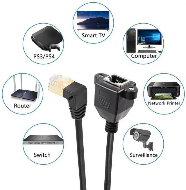 Alt view image 3 of 6 - 90 Degree Upward Angle Cat8 LAN Cable, RJ45 Male to Female Shielded Ethernet Network Connector Screw Panel Mount Extension Cable for Router Modem TV PC Computer Laptop 0.5M(M/F Up)